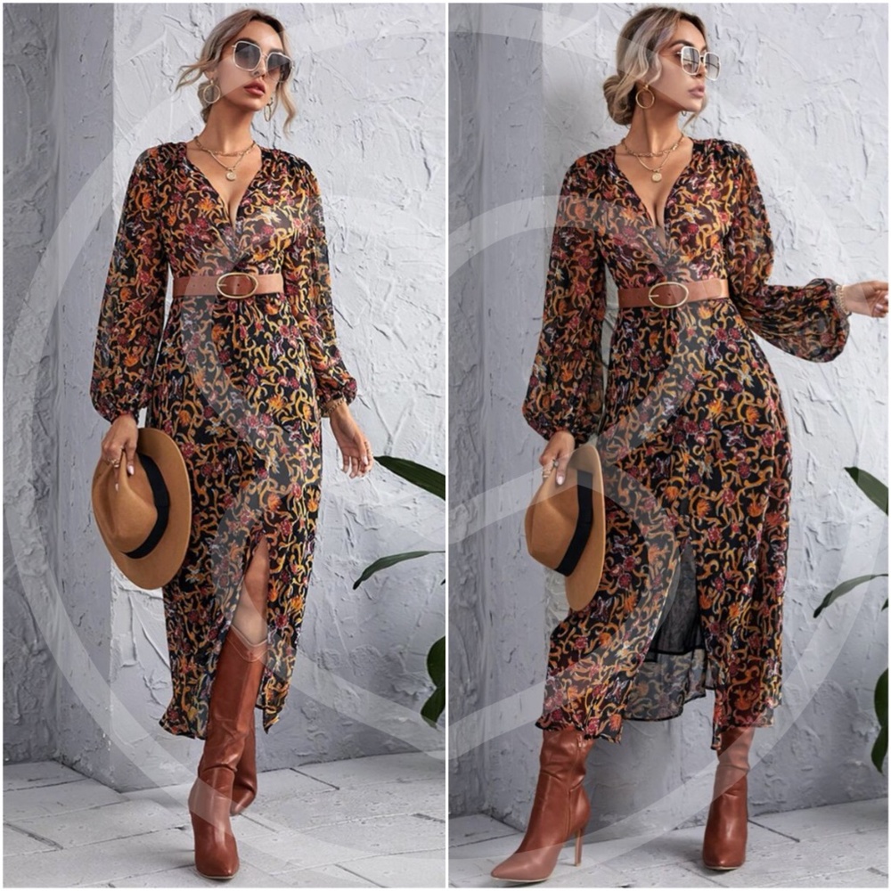 boho floral print long sleeve v neck maxi dress - Picture 2 of 4